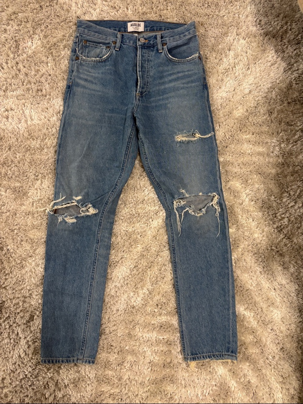Agolde Medium Blue Distressed Slim Jeans